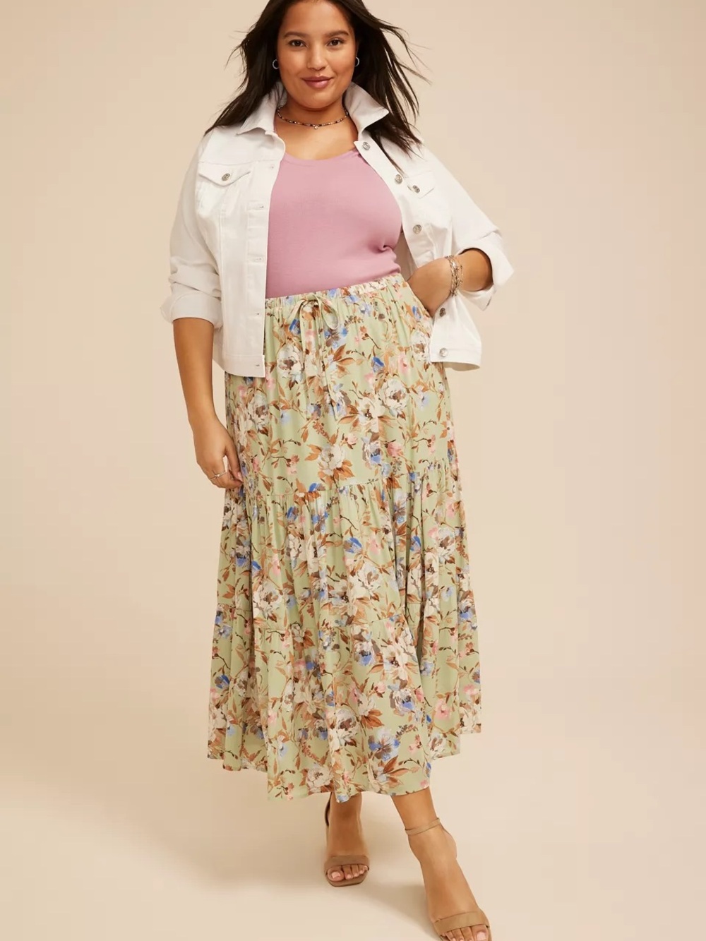 Maurices Floral Tiered Maxi Skirt in Light Sage with Pastel Accents